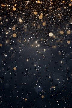 Abstract festive dark background with gold glitter and bokeh. New year, birthday, holidays celebration.