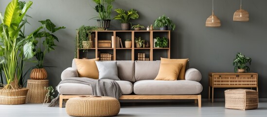 Boho composition with gray sofa wooden coffee table bamboo shelf plants and personal accessories in...