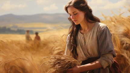 Ruth gleaning in Boaz's field, Biblical characters, blurred background