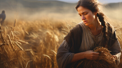 Ruth gleaning in Boaz's field, Biblical characters, blurred background - obrazy, fototapety, plakaty