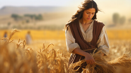 Ruth gleaning in Boaz's field, Biblical characters, blurred background