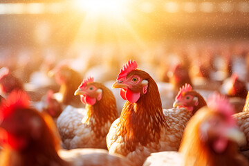 Red farm chickens on a free range in the rays of the sun 2