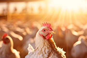 White farm chickens on a free range in the rays of the sun 1