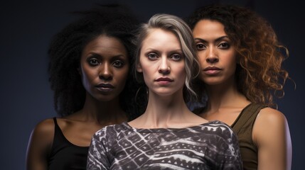 group of multiracial serious adult women looking at camera on black background, studio shot,...