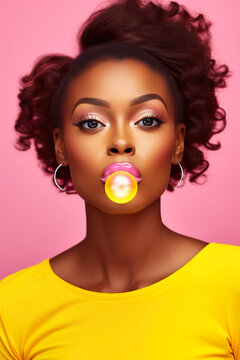 Young And Stylish African American Woman Chewing Bubble Gum At Pink Background, Studio Shot