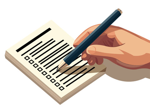 Checklist paper and pen, close up vector illustration, Hand holding a pen and checking a list on a paper stock vector image