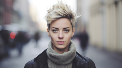 portrait of short hair lesbian or lgbt young woman, stylish hipster female face - obrazy, fototapety, plakaty