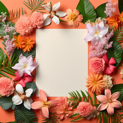 Flowers composition. Frame made of dahlia flowers, leaves and blank card on pastel background.