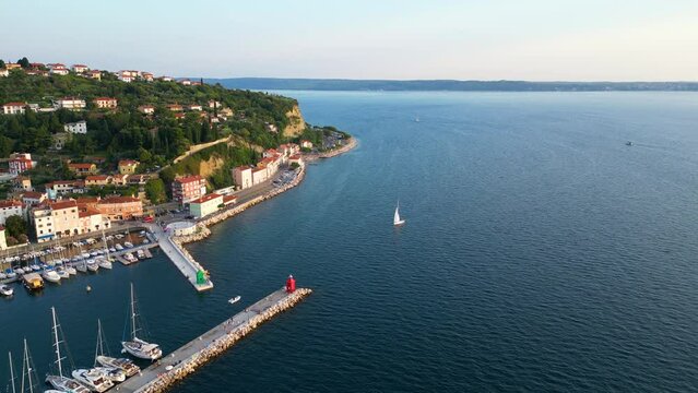Aerial view of Piran port. Picturesque summer scene of Slovenia s Adriatic coast with beautiful Venetian architecture