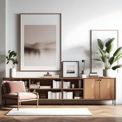 Imagine a minimalist living room, with a stunning wooden cabinet showcasing a collection of books and a striking poster frame against a clean white wall. 