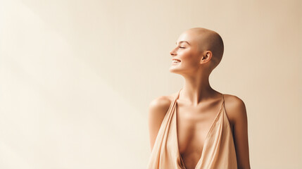 happy smiling bald woman studio shot, hairless woman after cancer recovery