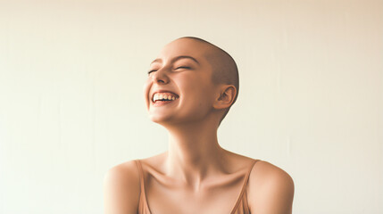happy smiling bald woman studio shot, hairless woman after cancer recovery - obrazy, fototapety, plakaty
