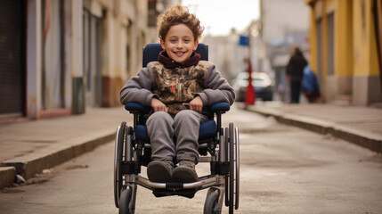 A cheerful  child in a wheelchair on a city street.  A boy with disabilities