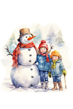 Winter card with a watercolor image of happy children next to a snowman