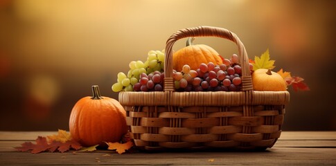 A basket containing autumn food with the words happy thanks giving day, Thanks giving day background, thanksgiving day background