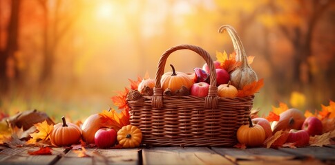 A basket containing autumn food with the words happy thanks giving day, Thanks giving day background, thanksgiving day background