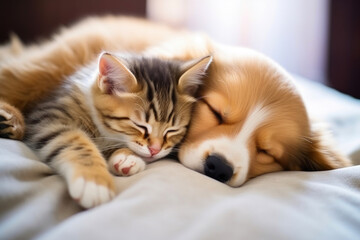 Fototapeta na wymiar Furry Duo: A Puppy and Kitten's Tender Moment