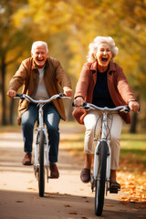 Happy Senior Couple Riding Bikes with Smiles