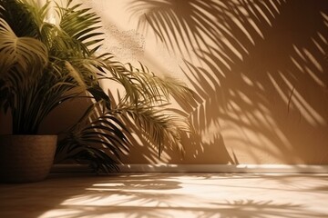 Shadows play on wall and floor with abstract palm leaf background. Neutral tropical mockup. Generative AI - obrazy, fototapety, plakaty
