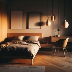 cozy Scandinavian-inspired bedroom, with sleek modern furniture and warm wooden accents. The soft lighting casts a warm glow on the minimalist design, inviting you to relax and unwind