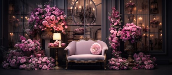 Flower shop window showcases luxurious pink flowers interior items atmospheric lights vintage armchair Elegant photo on dark stage With copyspace for text - Powered by Adobe