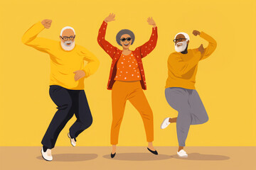 Naklejka premium Older adults doing physical activity and dancing in sports clothing, happy and smiling.