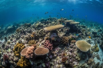 Naklejka na ściany i meble Vibrant coral ecosystem teeming with sea turtles, fish, and marine life. Generative AI