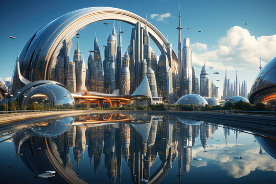 A futuristic cityscape in a parallel universe with advanced technology and architectural wonders. Concept of futuristic alternate realities. Generative Ai.