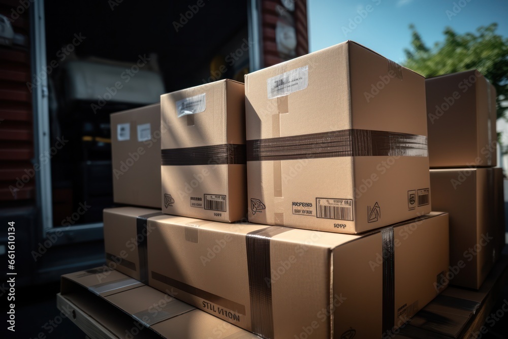 Poster relocation in motion: van filled with cardboard boxes ready for a home shift