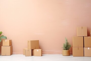 Fresh start: boxes ready for the move, with a touch of greenery against pink wall