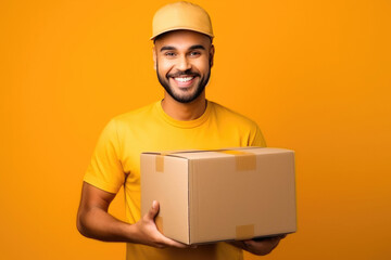 Confident Delivery Guy with Parcel, Colorful Background
