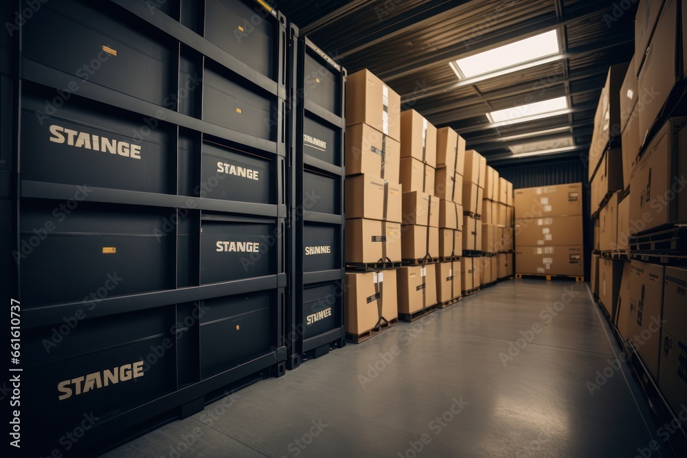 Poster moving maze: rows of shelved parcels in storage space during a move