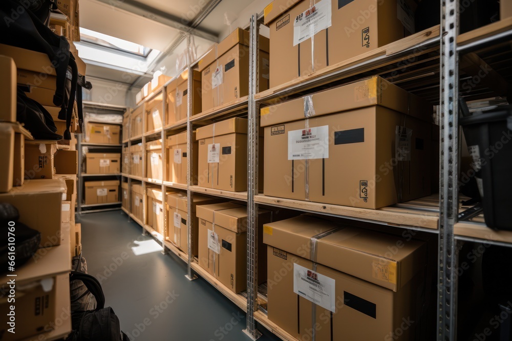 Poster transition storage: warehouse shelves loaded with boxes awaiting next destination
