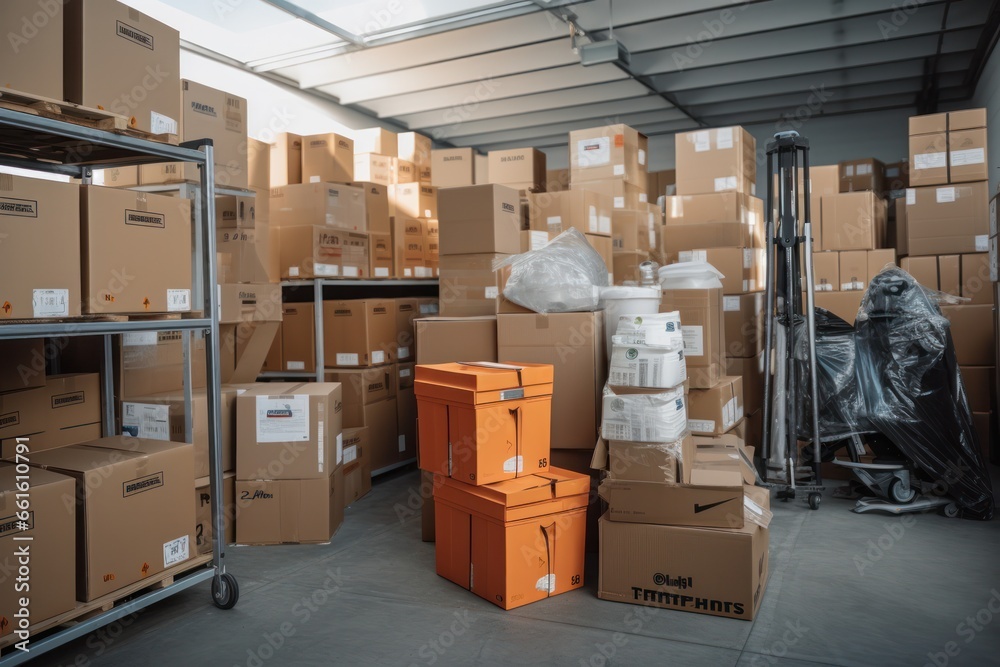 Poster move-ready depot: warehouse shelving holding cardboard boxes with possessions