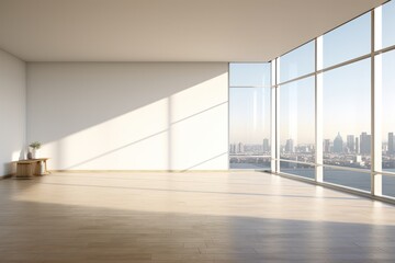 Fototapeta premium White wonder: Spacious apartment with large windows, ready for minimalist design