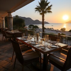 Fototapeta premium Background of the beautiful coast of Wietnam at sunset on the restaurant terrace