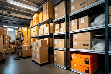 Storage spectacle: Wall-to-wall shelving in warehouse with boxes for transit