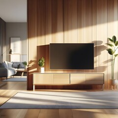 A sleek, minimalist wooden TV unit stands against the backdrop of a spacious, sunlit living room in a Scandinavian-inspired home. The clean lines and warm tones of the wood create a cozy yet