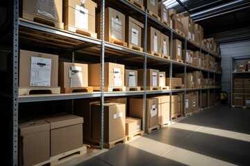 Relocation racks: Shelves filled with cardboard containers in storage warehouse