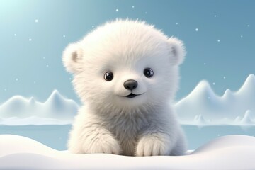 Cuddly polar bear cub, fluffy fur and snowy innocence, lovable.