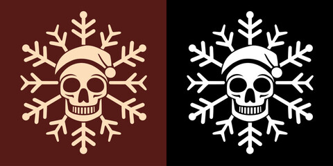 Skull snowflake illustration for gothic Christmas decorations. Creepy holiday season ornament with skull wearing Santa hat. Minimalist vector for printable products.