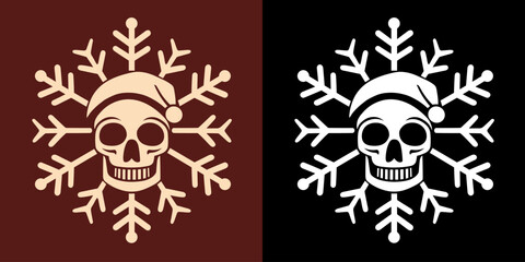 Skull snowflake illustration for gothic Christmas decorations. Creepy holiday season ornament with skull wearing Santa hat. Minimalist vector for printable products.