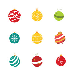 Christmas ball vector in vintage style with various patterns of ball such as stripes, snowflakes, stars, and colorful flat design.
