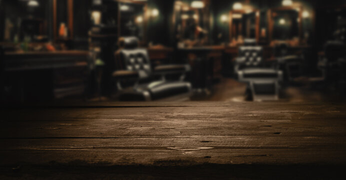 empty wooden tabletop for product display on blurred dark barbershop interior background