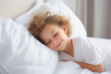 Fototapeta na wymiar Serenity in Slumber: Kid on a White Bed