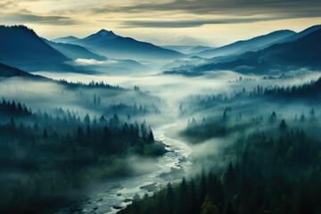 Fototapeta na wymiar Above the Clouds: Foggy Pine Forest Vista