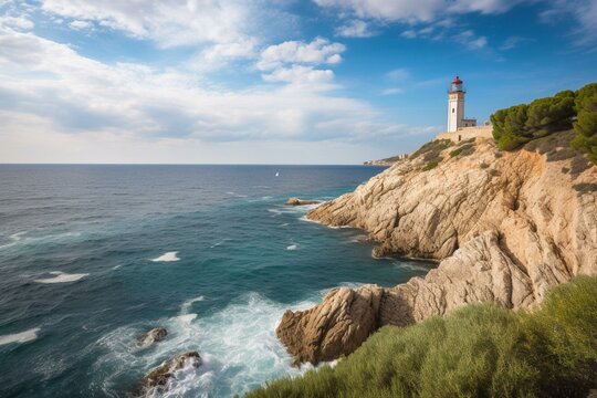Scenic lighthouse, sailboat, and cliffs in Torredembarra on the Mediterranean shore in Tarragona, Catalonia, Spain. Generative AI