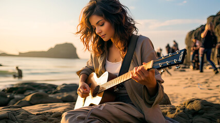 young girl with long brown hair sitting on the sand on the beach playing a guitar - obrazy, fototapety, plakaty
