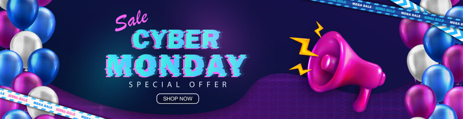 Promo header with discount announcement for Cyber Monday event. Sci-fi retro futuristic panoramic banner with sale advertising, glitched neon text and pink loudspeaker with balloons and barrier tapes