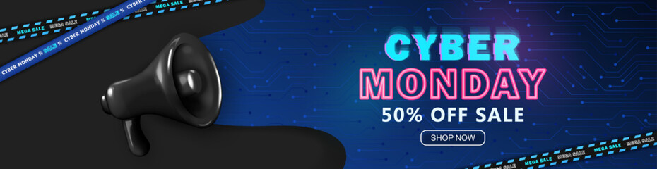 Fototapeta na wymiar Cyber Monday hi-tech panoramic banner with glitched neon text, sale barricade tapes and 3d black loudspeaker. Promo discount header for e-commerce, online shopping special offer. Technology concept